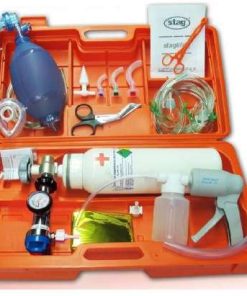 Maleta de emergencia con botella cargada de oxígeno medicinal
